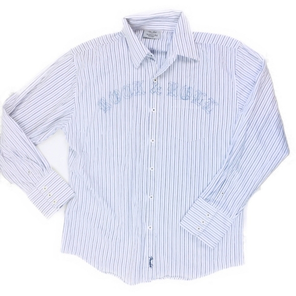 Fender Rock & Roll Lifestyle White Blue Striped Collared Button Shirt Men's XL - Picture 1 of 8